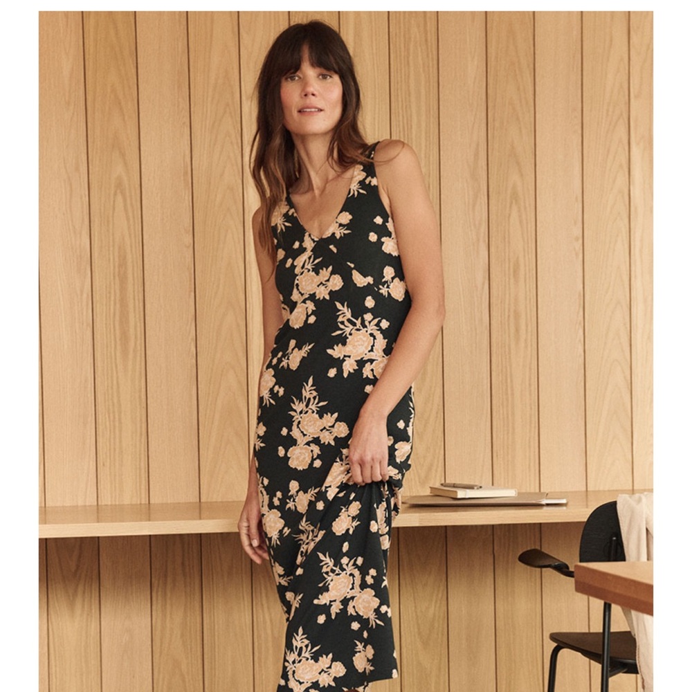 Pact Black and Cream Floral Lux Jersey Midi Slip Dress